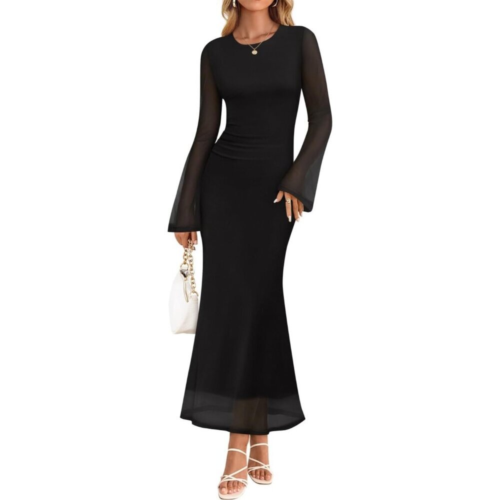 Zesica Women's Solid BlackRuched Mesh Long Sleeve Floral Cocktail Bodycon Dress